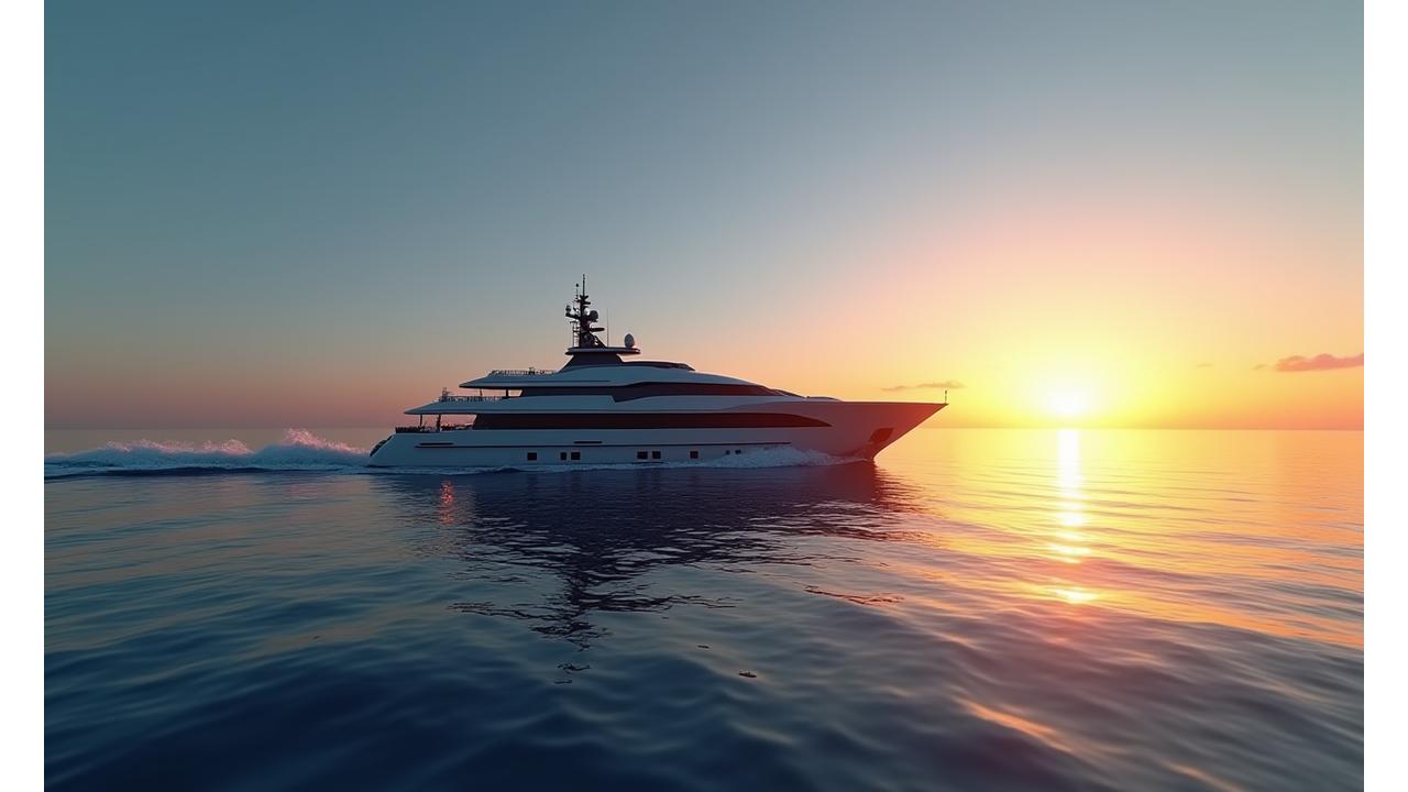 雄大な夕日と海を背景に航海する調査船