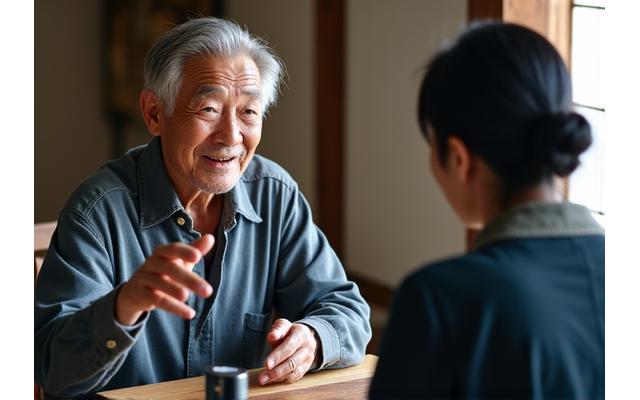 高齢の漁師が語る姿を最新の録音機材とビデカメラで記録する研究者