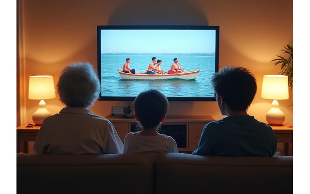 地元の伝統漁業が全国ニュースで取り上げられているテレビ画面と、それを見ている地域の家族