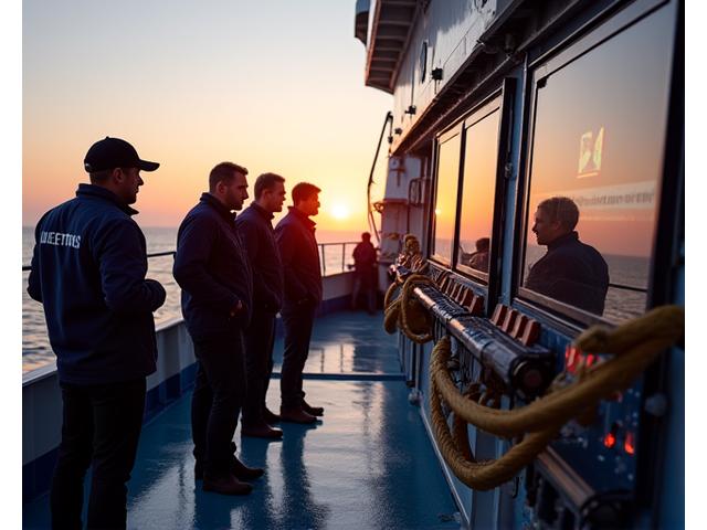 深海探査船上で機器の運用訓練を受けている研究者たち