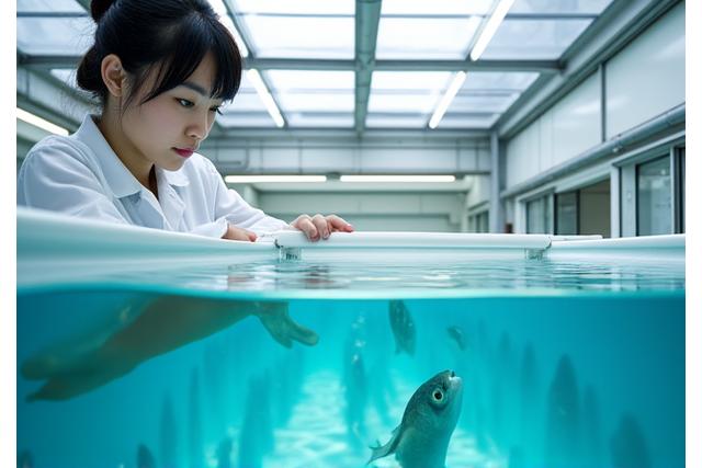 清潔な養殖施設で魚を観察する専門家