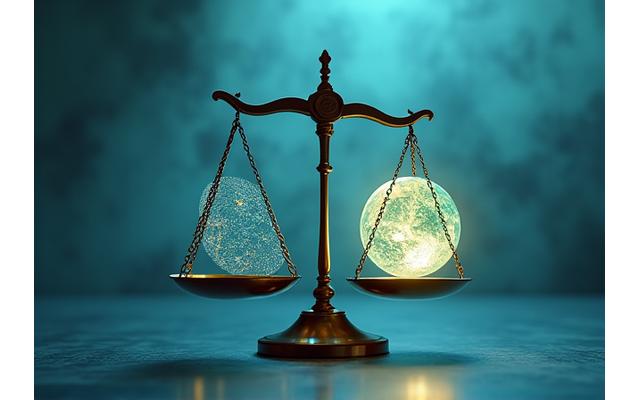 天秤と法律書、そして地球儀が描かれた抽象的なイラスト。国際的な法律と紛争解決を示す。